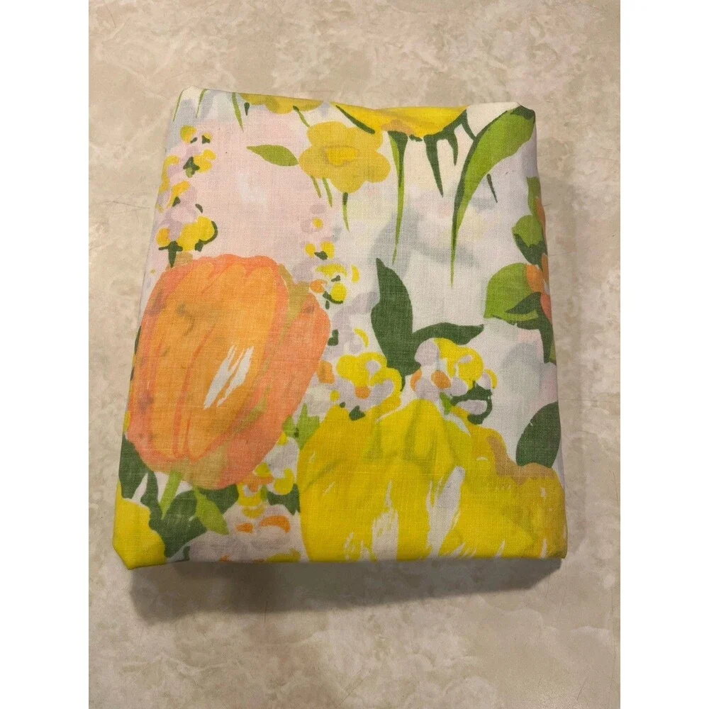 VTG Cannon No Iron Full Fitted Sheet 70s Tulips Floral Orange Yellow Green Craft